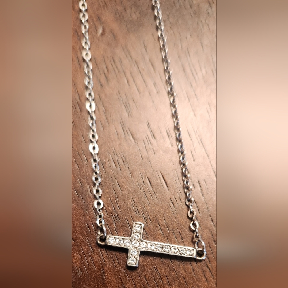 Brighton Elegant Sideways Silver Cross Necklace, 9"